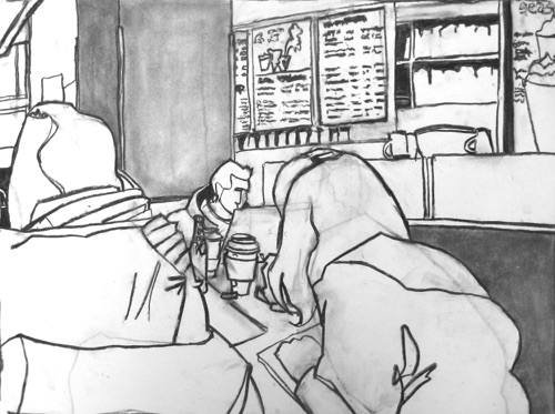 After Work #2 Starbucks Astor Place;
Willow Charcoal/Paper, 2014;
18 x 24 in. After Work #2 Starbucks Astor Place;
Willow Charcoal/Paper, 2014;
18 x 24 in.